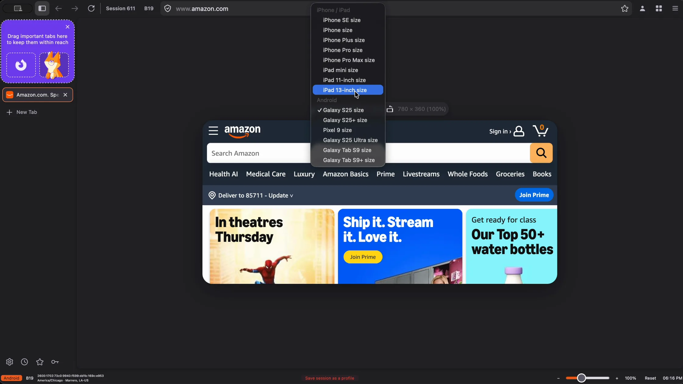 A device picker listing iPhone, iPad, Galaxy and Pixel sizes, with Amazon re-rendering as its real mobile site and then its tablet layout.