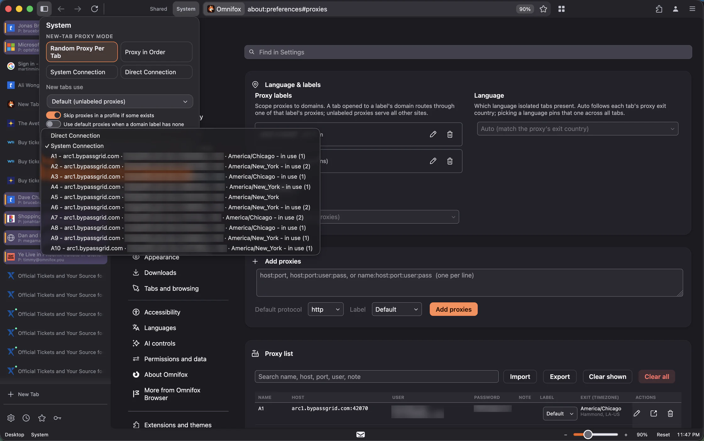 Omnifox proxy settings with the new-tab proxy mode menu open on Random Proxy Per Tab, over a list of ten proxies showing each one's exit timezone and how many tabs are using it.