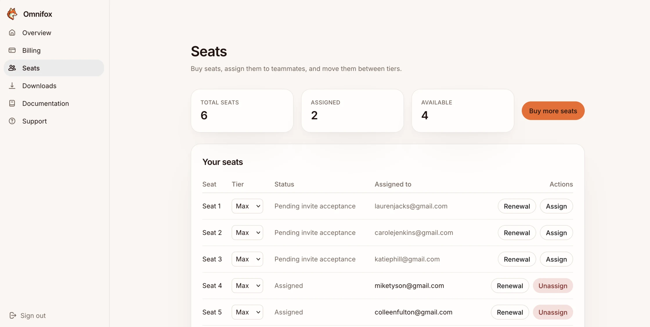 The Seats page showing six seats with two assigned and four available, a tier dropdown on each row, and Assign and Unassign buttons.