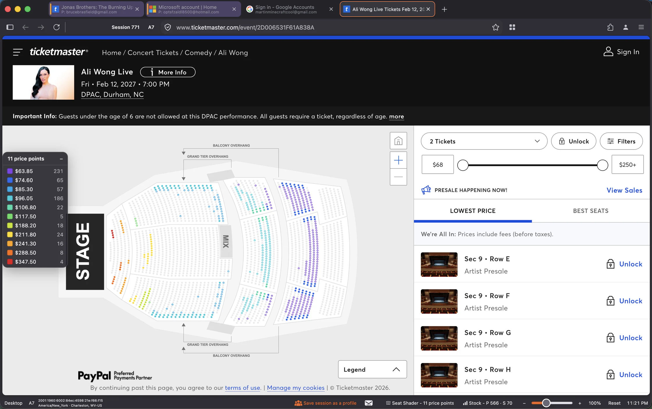 A Ticketmaster seat map for Ali Wong at DPAC with every seat colored by price and a legend of eleven prices from $63.85 to $347.50.