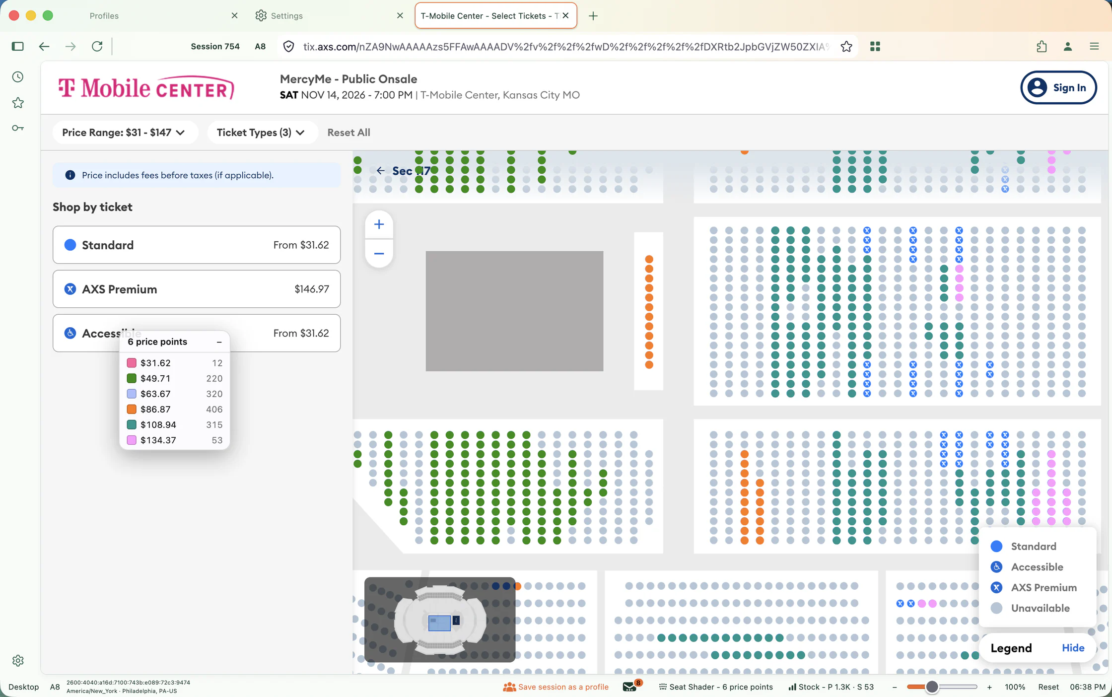 An AXS seat map for a T-Mobile Center event with every seat colored by price, a legend of six prices, and Seat Shader and Event Stock readouts in the status bar.